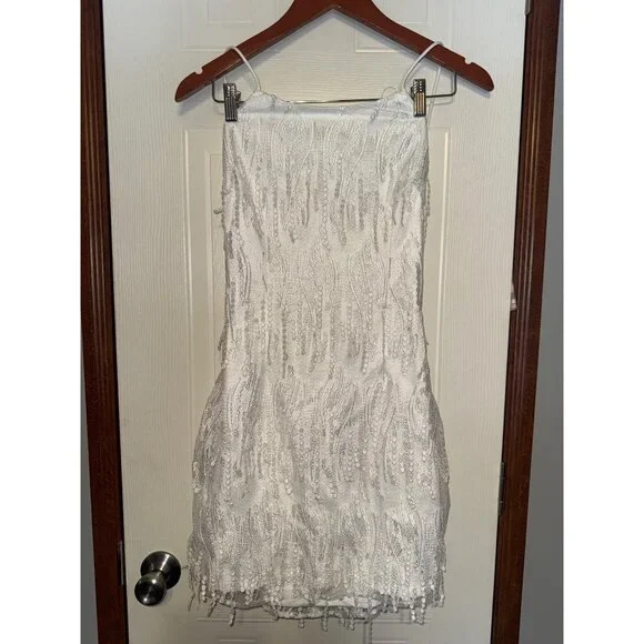 Lulus Making Magic White Fringe Lace-Up Mini Dress Size Medium - Picture 3 of 14